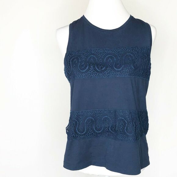 J crew factory size small navy blue tank top crochet lace Detail Sleeveless BOHO - Picture 1 of 7